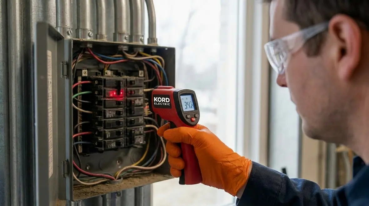 Technician inspecting industrial electrical panel for troubleshooting warning signs