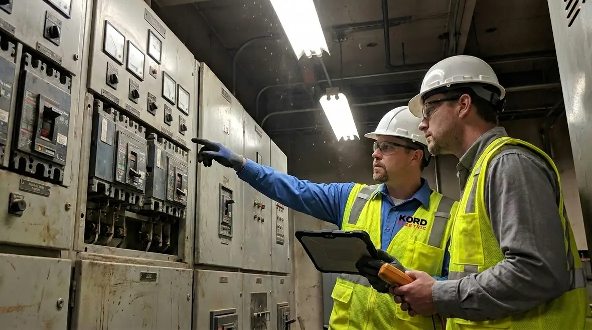 Technician reviewing a facility electrical lifecycle management plan