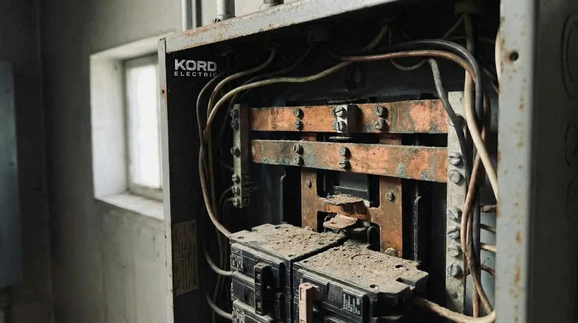 Commercial electrical subpanel showing signs of overheating and discoloration
