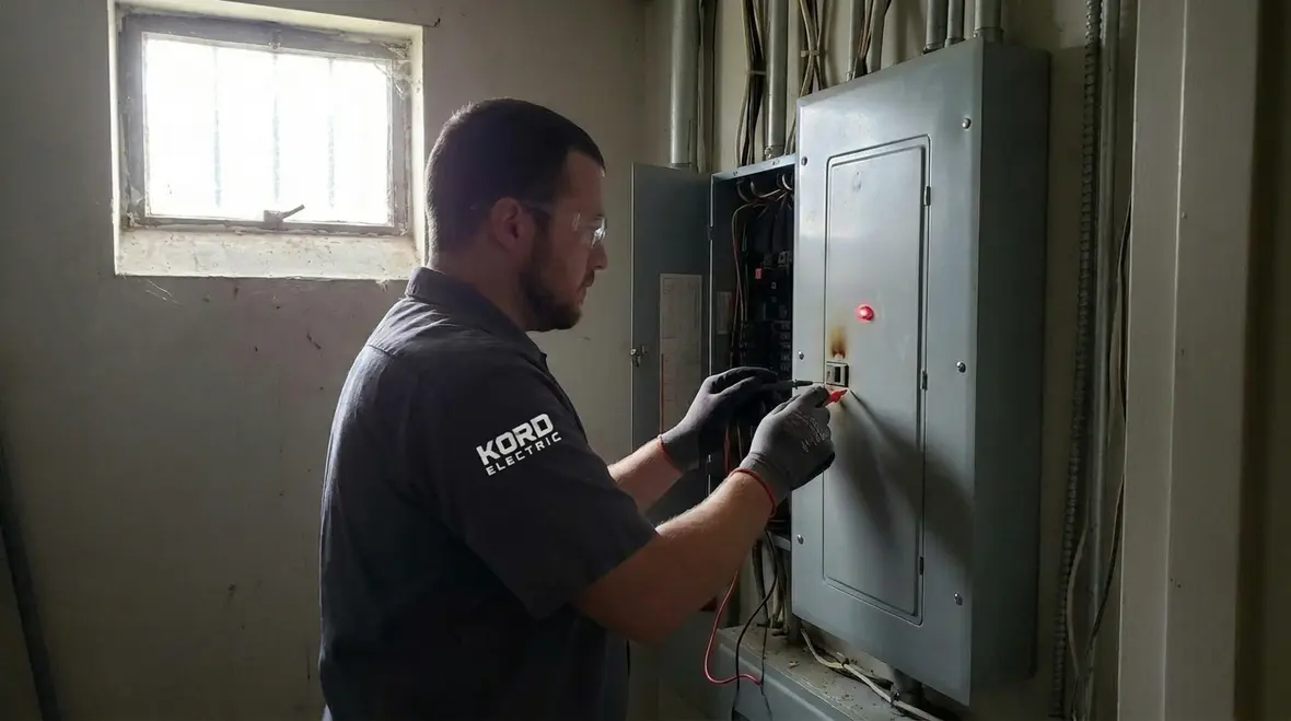 Technician inspecting a commercial electrical subpanel for early warning signs
