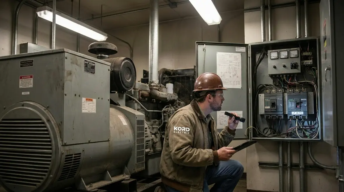 Technicians reviewing commercial critical load redundancy strategies in an electrical room