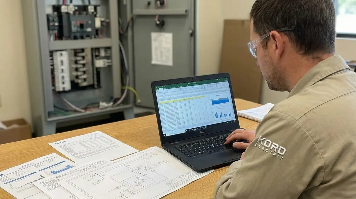 Technicians modeling commercial building demand and electrical loads