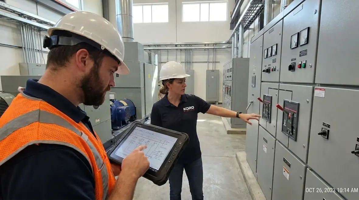 Technicians reviewing critical power infrastructure reliability plans in an industrial facility