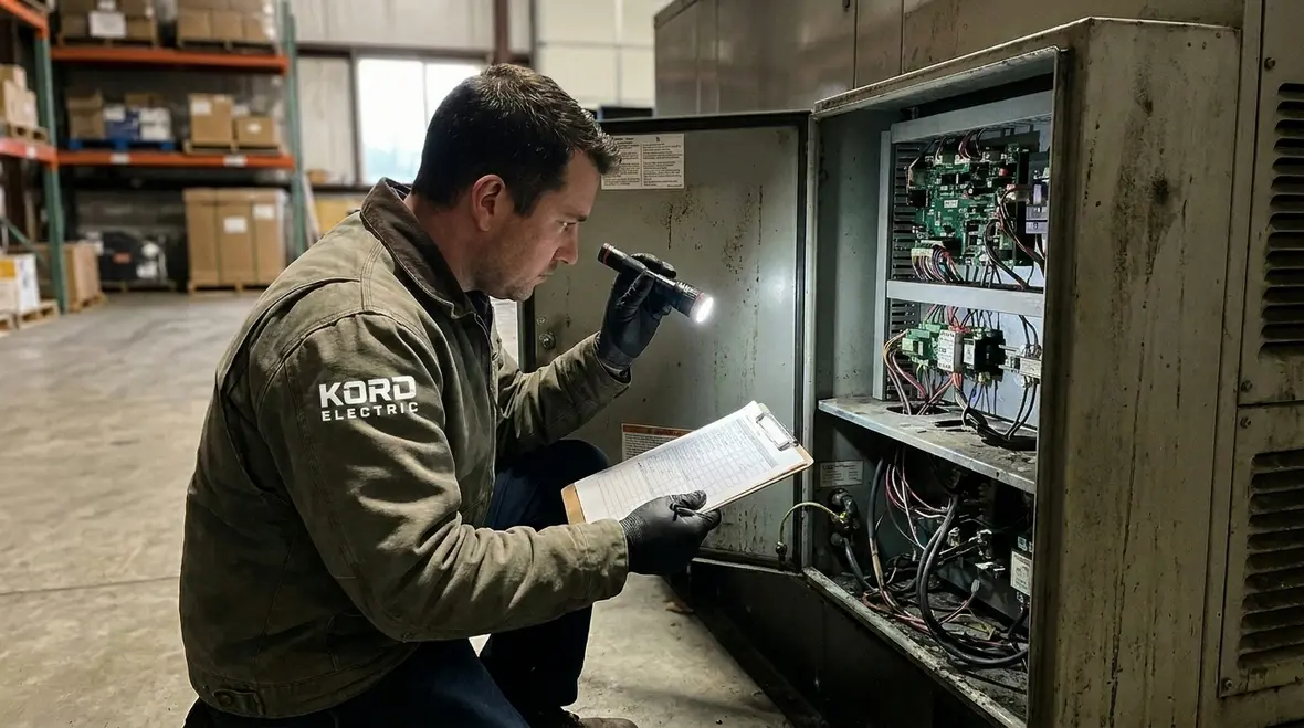Preventive electrical maintenance being performed on commercial switchgear