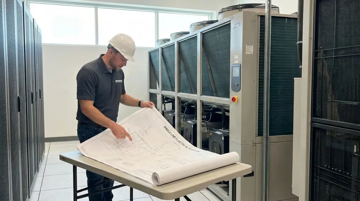 Technicians reviewing data center cooling power efficiency electrical plans