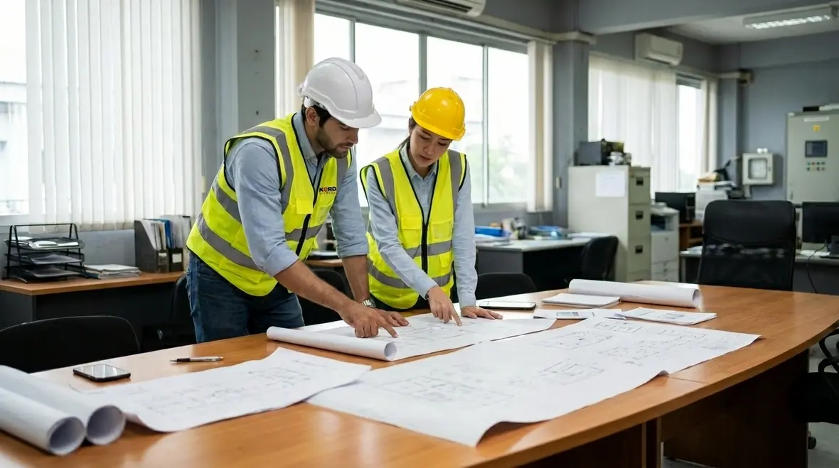 Technicians reviewing a data center power distribution design in an electrical room