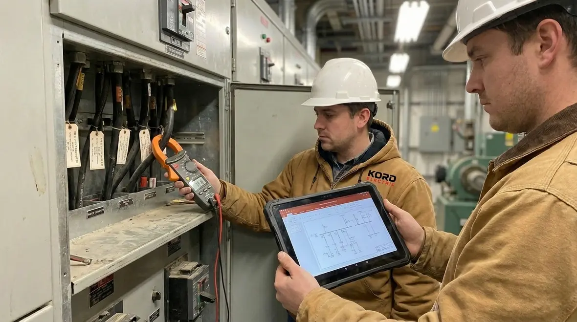 Technicians reviewing data center single line diagrams and load studies