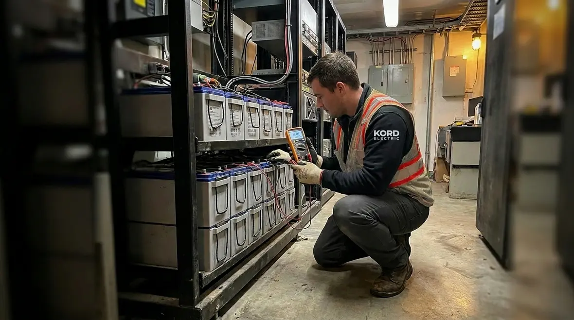 Engineer inspecting data center switchgear, UPS, and distribution panels for downtime risk