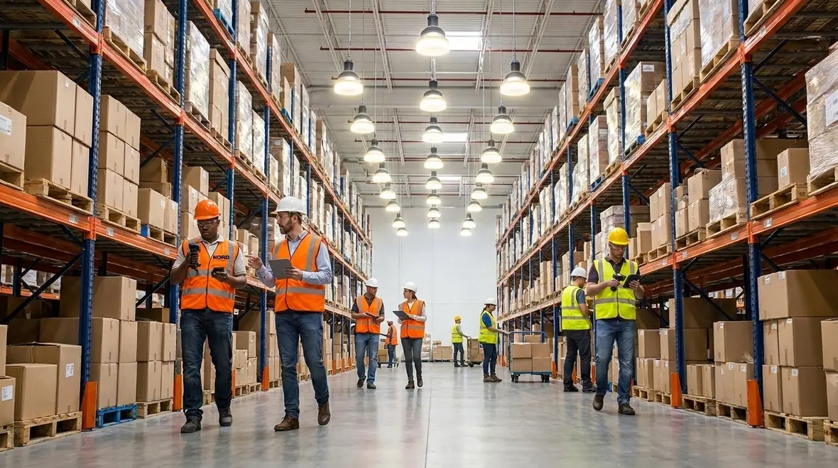 Modern automated warehouse lighting over racking and aisles