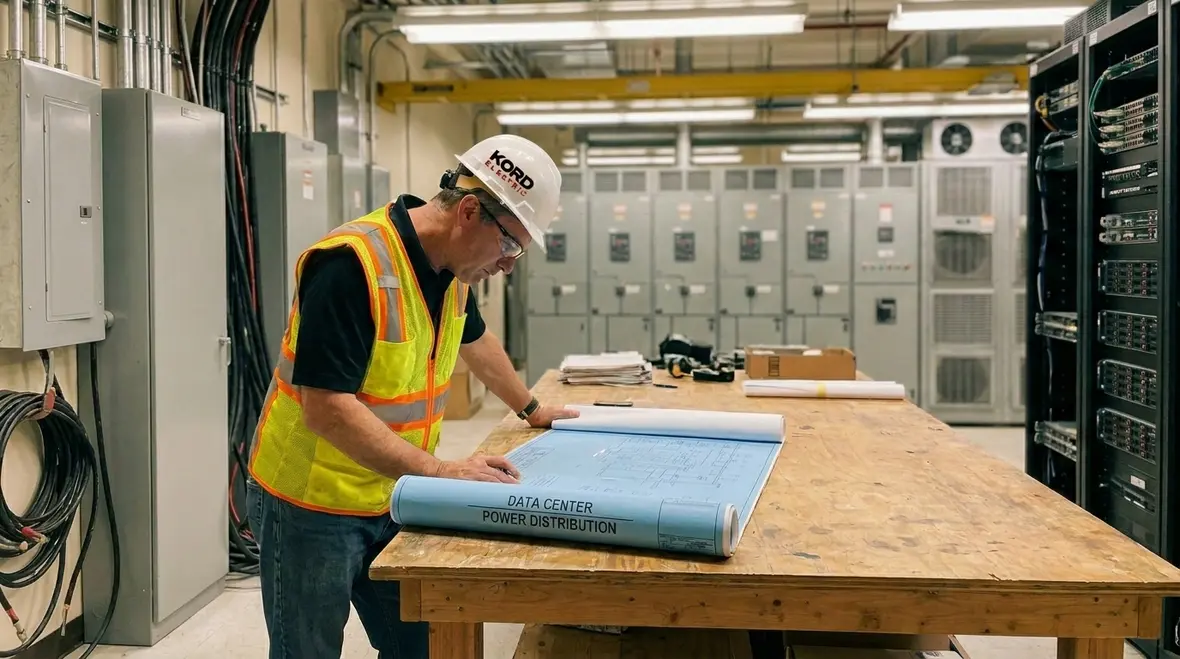 Technicians planning data center power redundancy on site