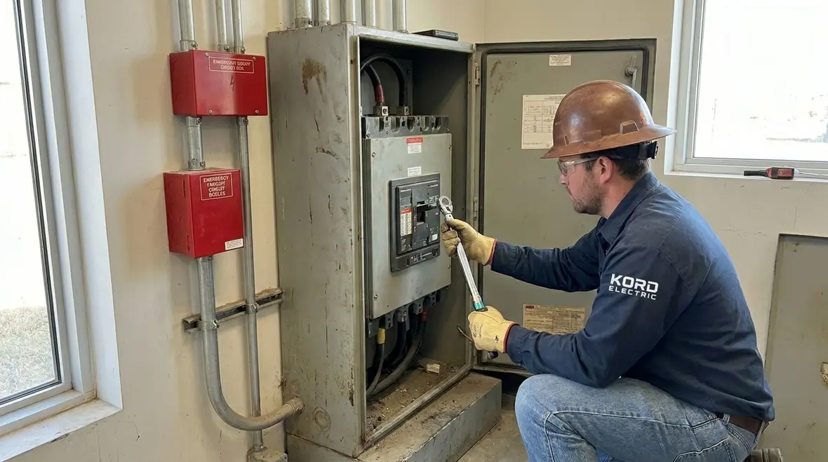 Technician reviewing emergency egress lighting layout