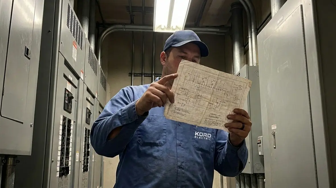 Technician reviewing commercial electrical load balancing data on facility panels