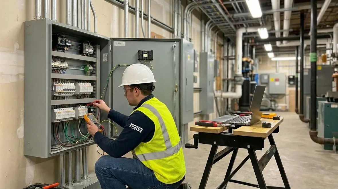 Technician performing preventive maintenance on surge protection devices