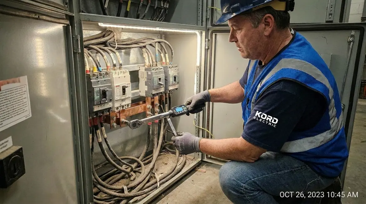 Technician inspecting switchgear and electrical panels for redundancy health