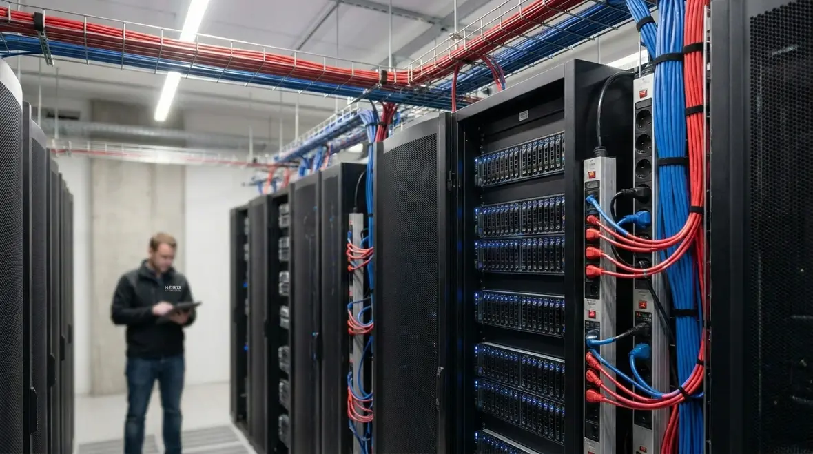 Technicians reviewing data center power redundancy strategies in an equipment room