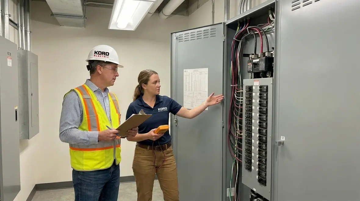Technician reviewing commercial electrical load balancing data at a main distribution panel