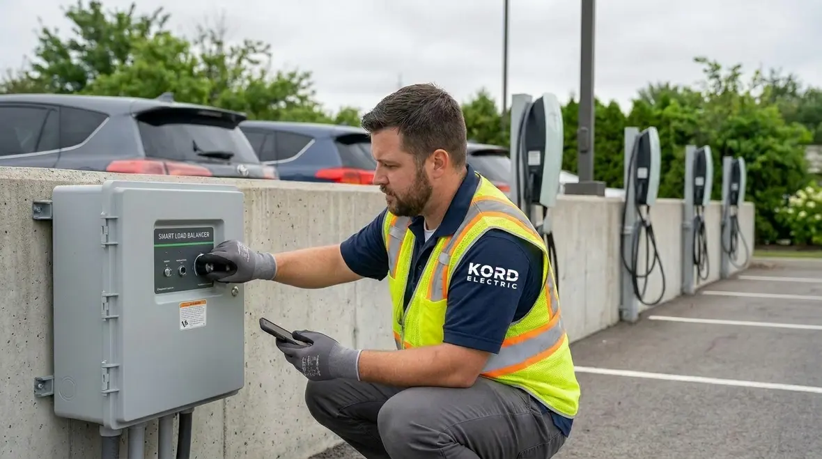 Technicians configuring intelligent EV charger load management controls