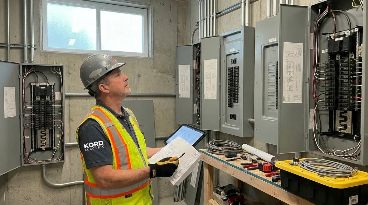 Technician reviewing commercial subpanel capacity and load schedules