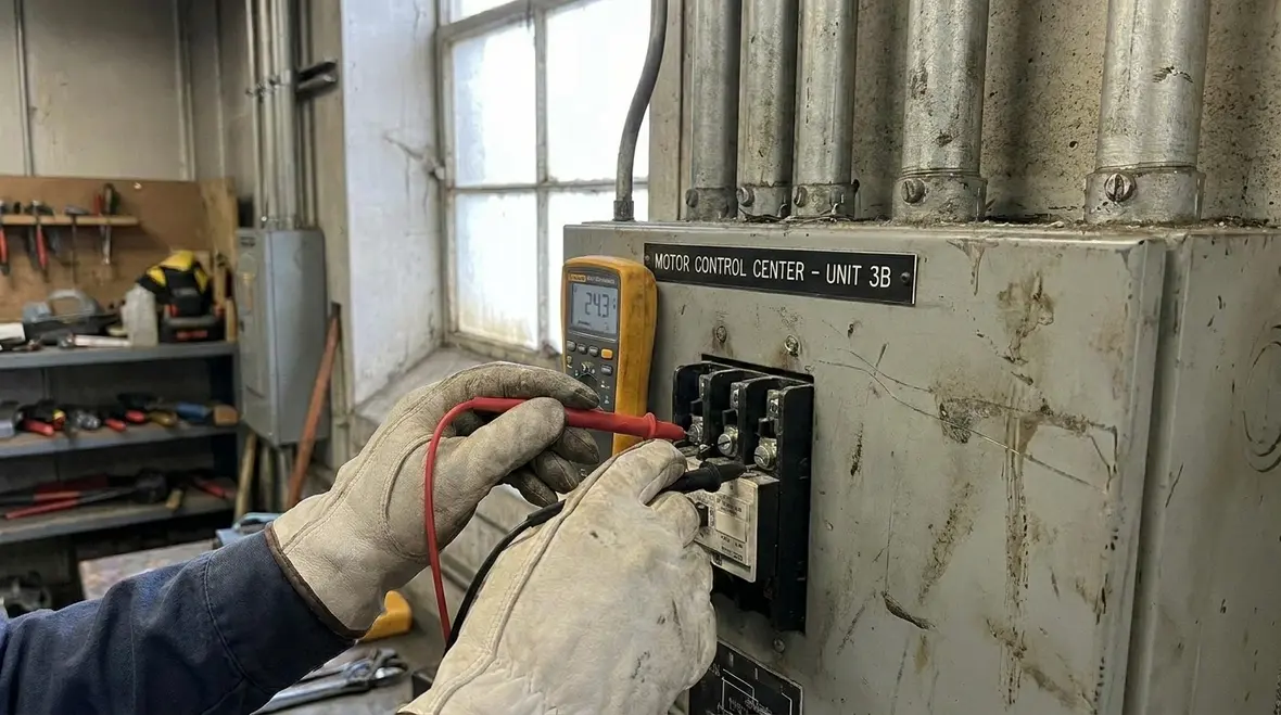 Industrial electrical breaker panel after troubleshooting recurring trips