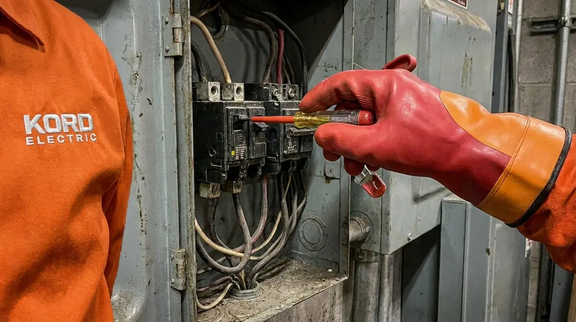 Electrician performing commercial circuit breaker diagnostics