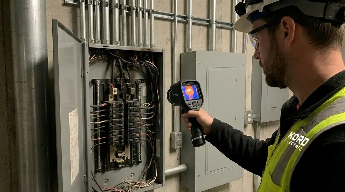 Commercial electrical panel with breakers during troubleshooting