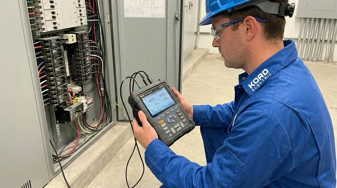 Technician performing electrical load assessment on switchboard