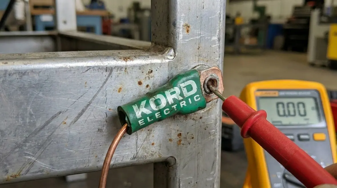 Technician testing grounding and bonding connections in a commercial facility