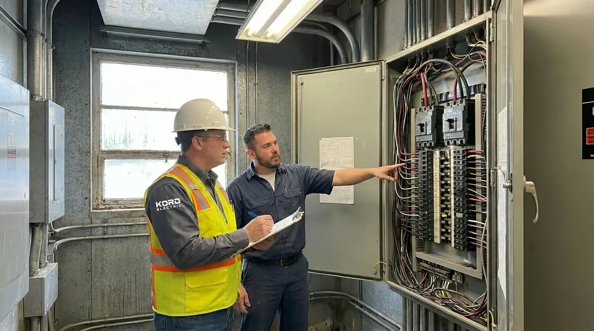 Electricians performing a commercial electrical audit in a facility electrical room