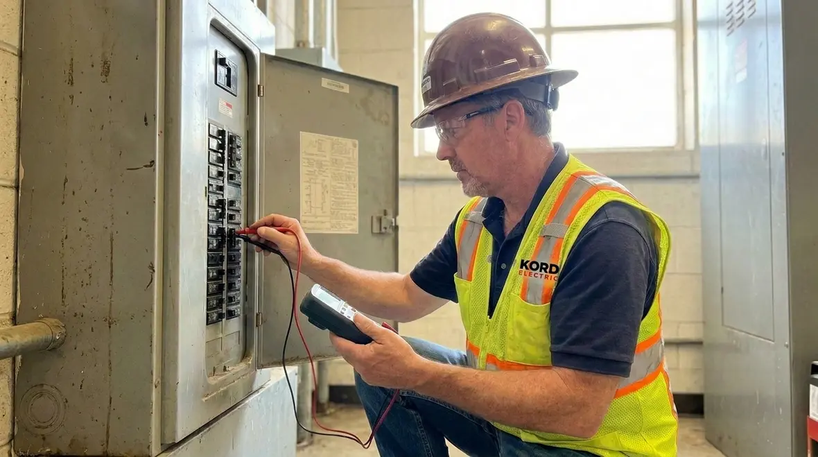 Technicians reviewing commercial electrical panels for downtime prevention for businesses