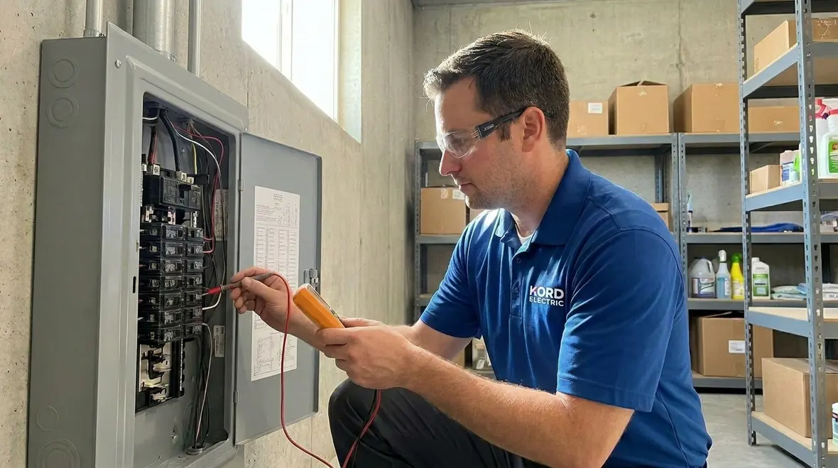 Technician performing electrical hazard reduction inspection in a retail electrical room