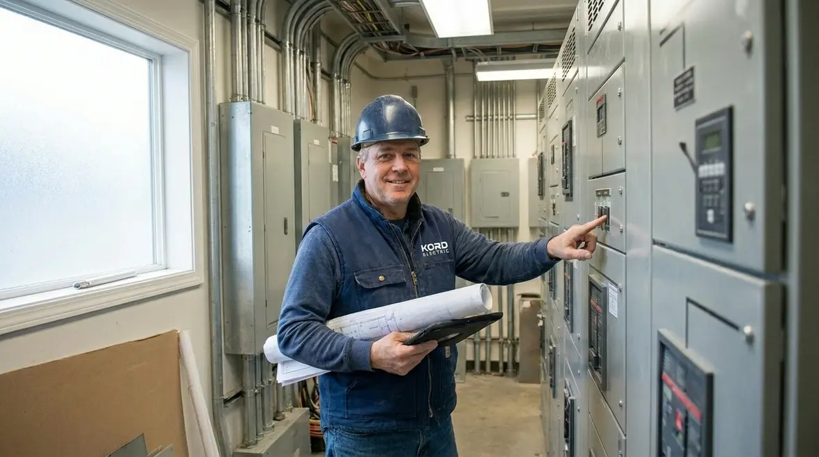 Technician performing an electrical infrastructure assessment in a commercial electrical room