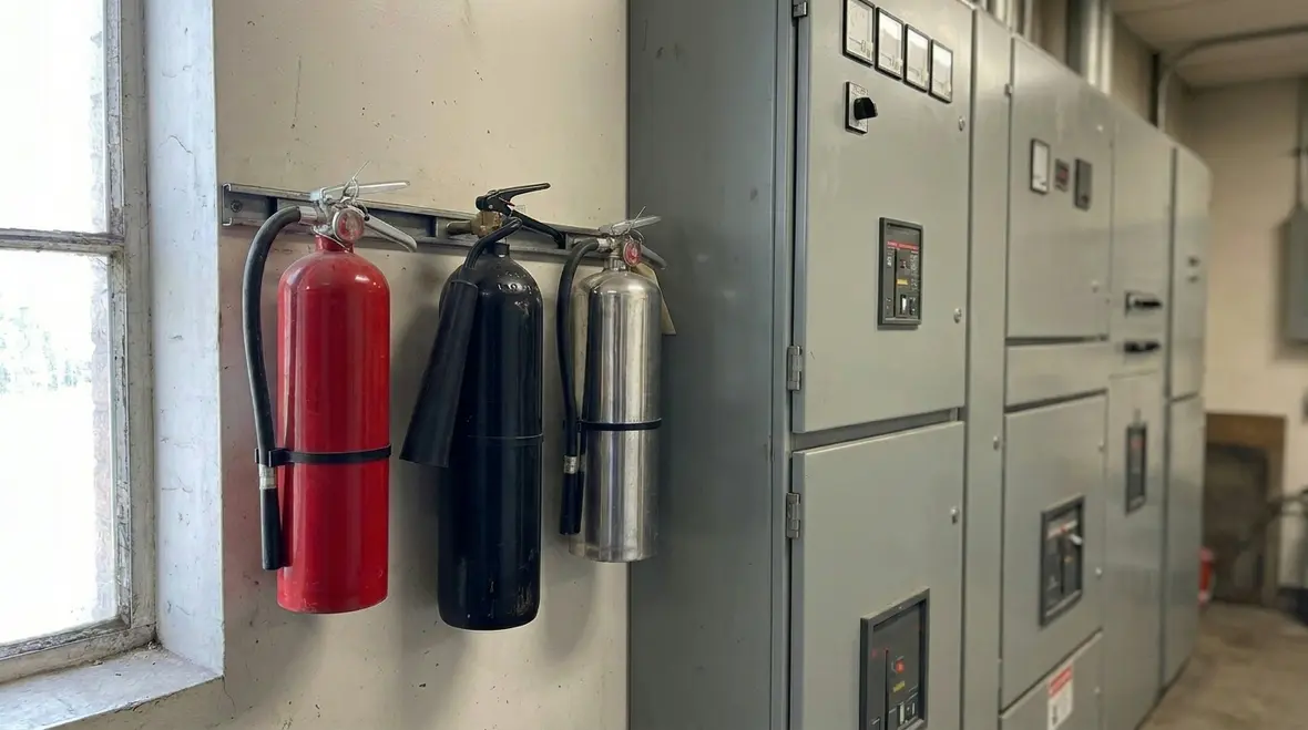 Technician checking electrical fire extinguishers near energized equipment