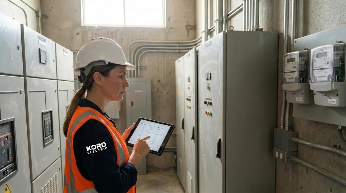 Technician reviewing smart energy monitoring for manufacturing equipment