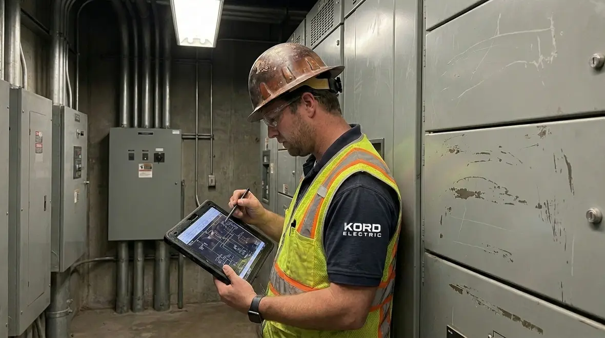 Technicians assessing commercial electrical disaster recovery risks