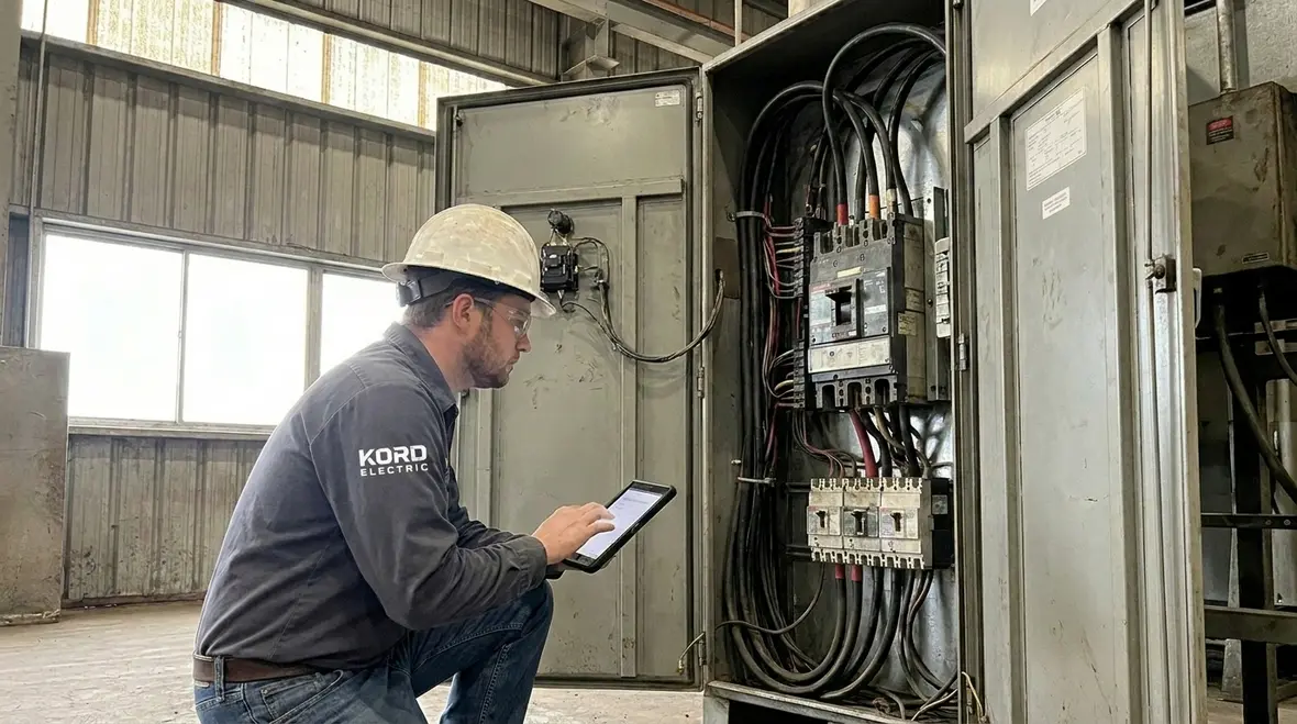 Technician performing an electrical infrastructure energy audit in a commercial building