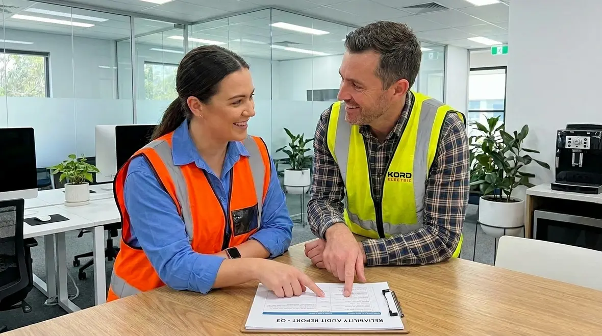 Facility manager reviewing an electrical reliability audit report with an electrician