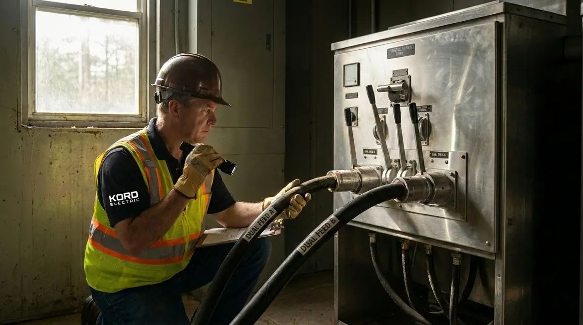 Technicians reviewing data center power redundancy layout inside an electrical room
