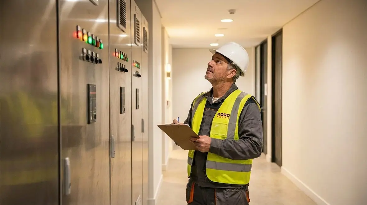 Technician analyzing commercial building electrical load balancing strategy