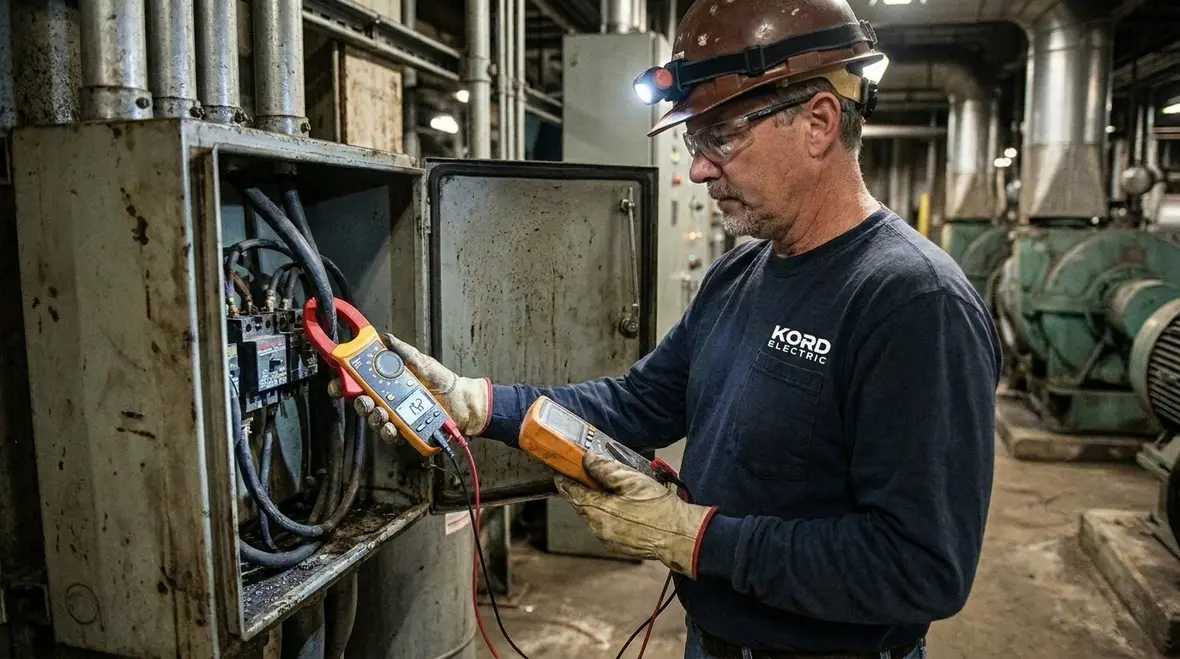 Technician performing industrial electrical fault analysis inside an electrical room