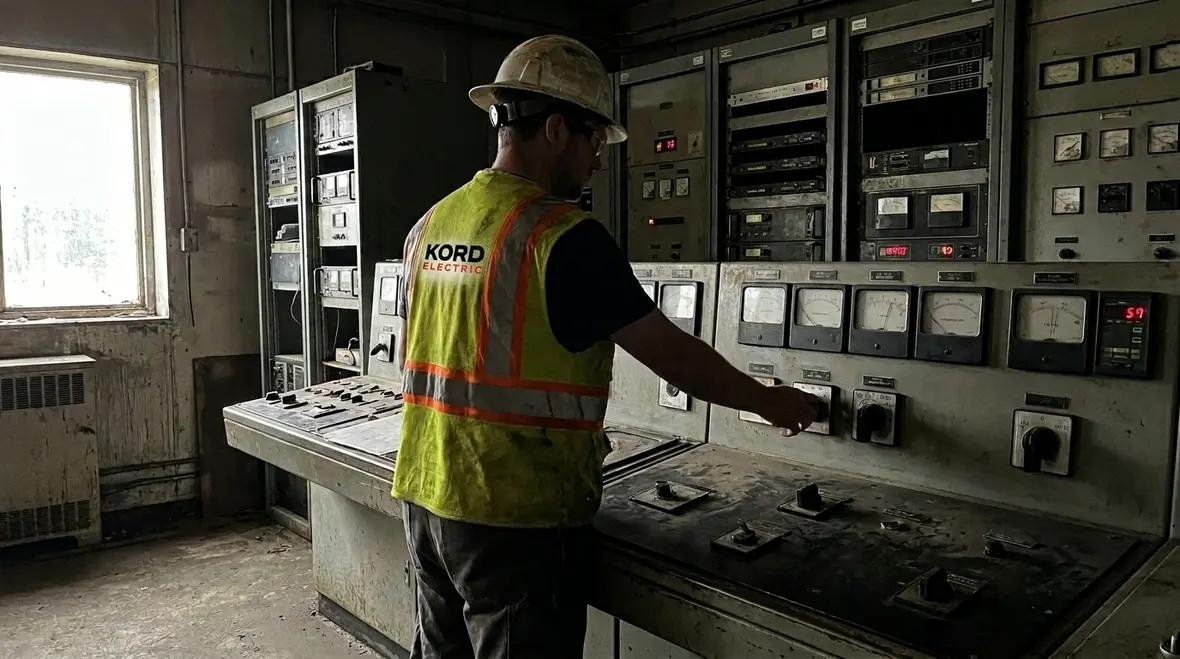 Technicians reviewing electrical load management trends for an industrial facility
