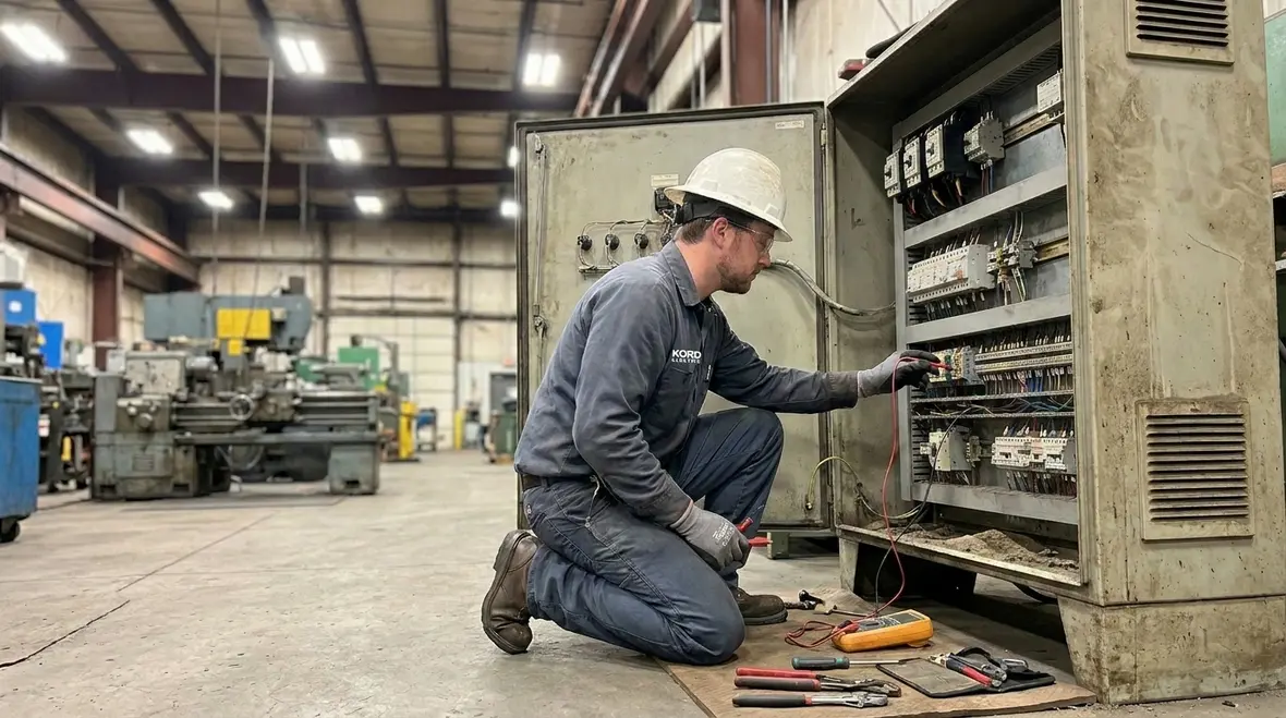 Technician performing electrical maintenance for manufacturing facility equipment
