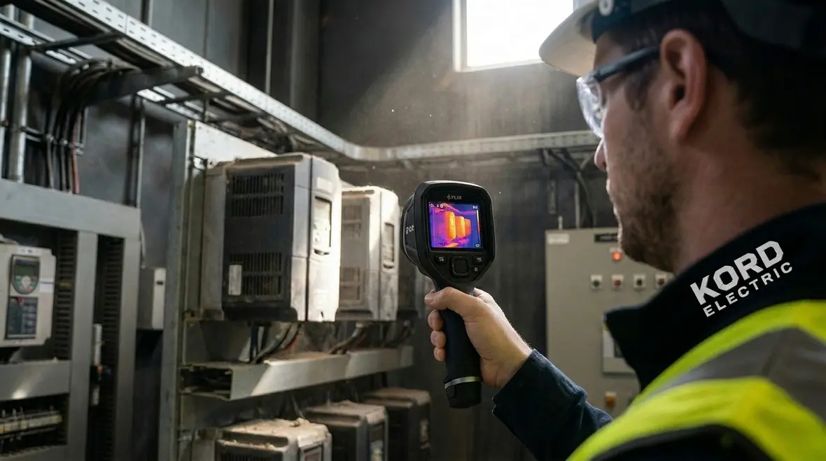 Technicians reviewing electrical maintenance schedule for a manufacturing facility