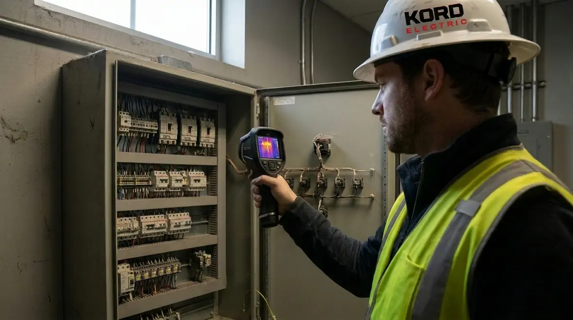 Technician performing preventative electrical maintenance for manufacturing equipment
