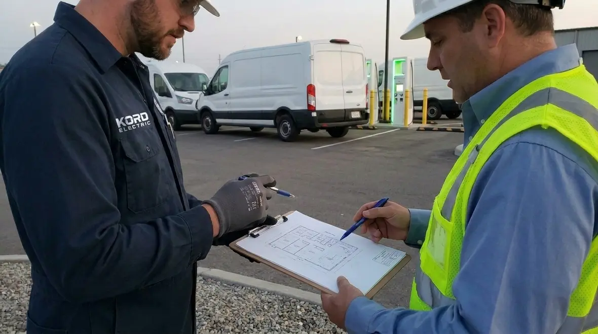 Technician reviewing electrical panel capacity for commercial EV fleet infrastructure