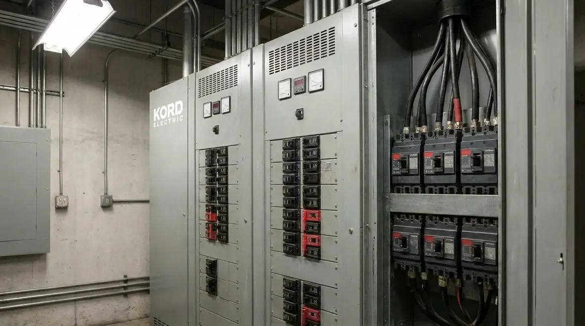 Commercial electricians evaluating electrical panel expansion feasibility in a mechanical room