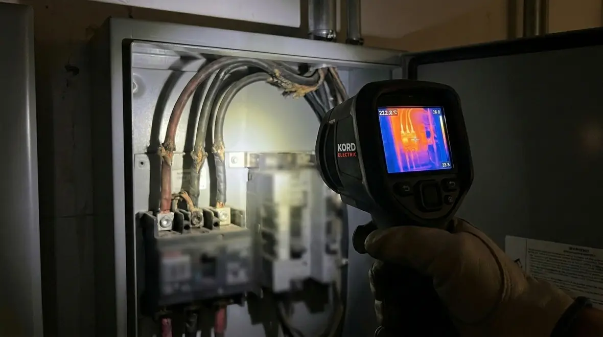 Technician using infrared scan to check hidden risks before panel expansion