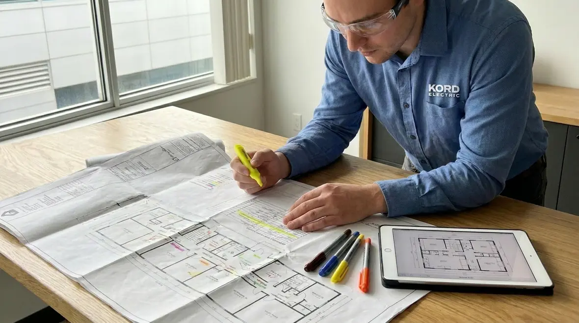 Technician reviewing commercial load plans and risk zones