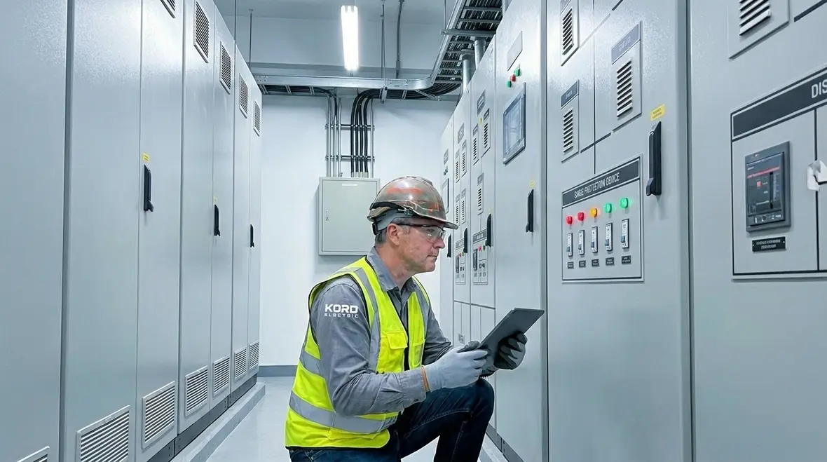 Technician installing electrical panel surge protection in a commercial building