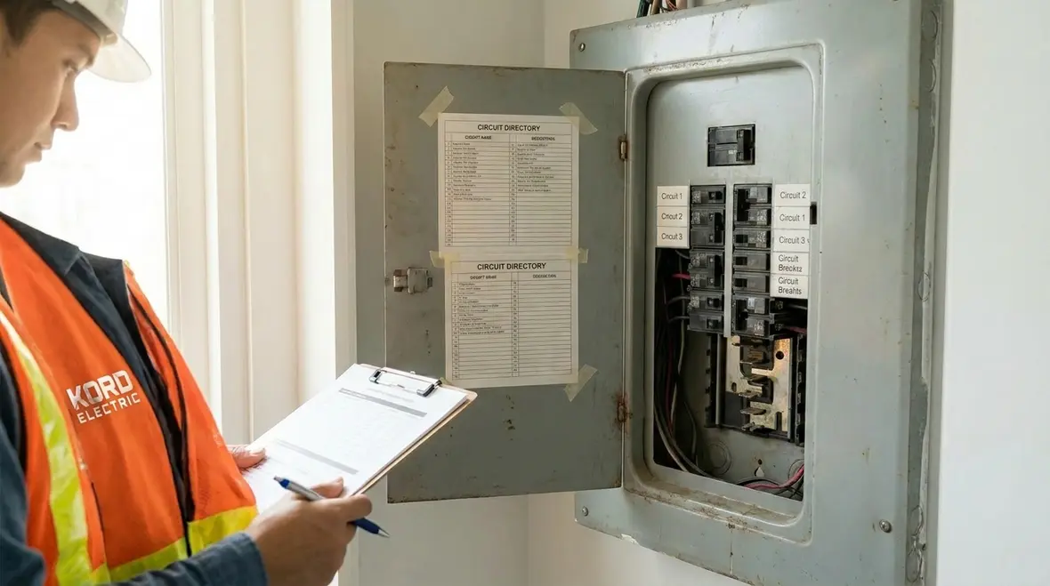 Commercial electrician inspecting a subpanel for safe power distribution