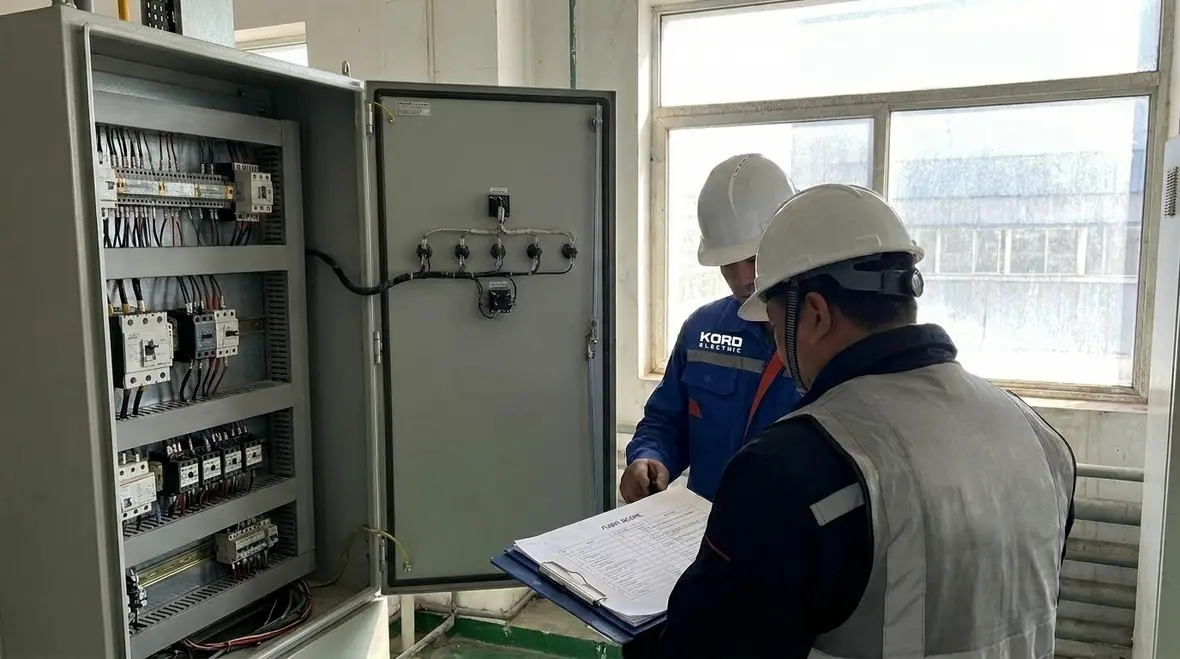 Technician reviewing facility electrical panels during an electrical safety audit